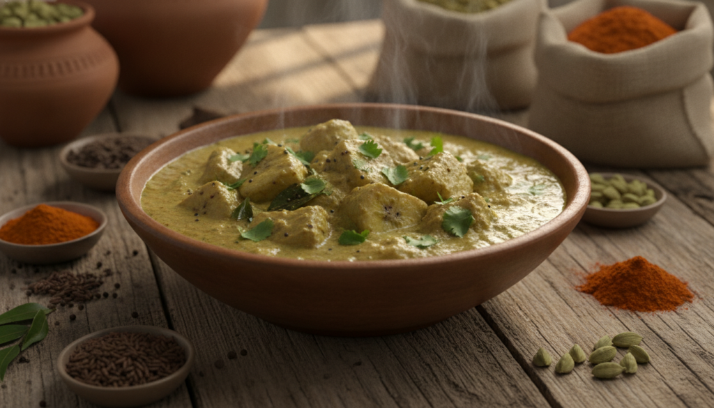 A bowl of savory green banana curry with vibrant spices and herbs