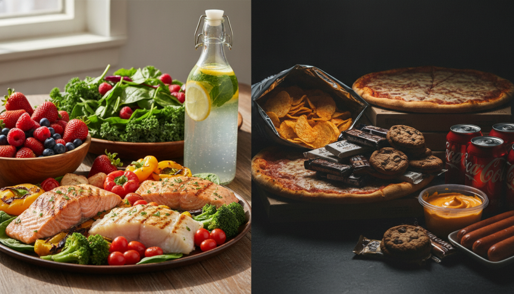 A split image showing healthy kidney-friendly foods on one side e g berries leafy greens fish bell peppers and foods to 