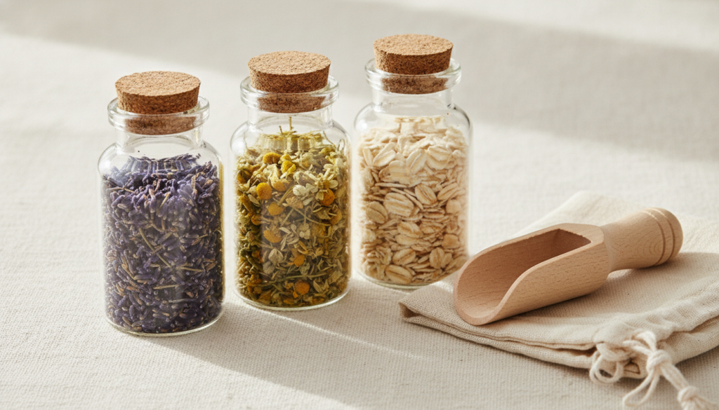 A beautifully arranged herbal bath soak kit with dried lavender chamomile and oat flakes in small glass jars beside a wo