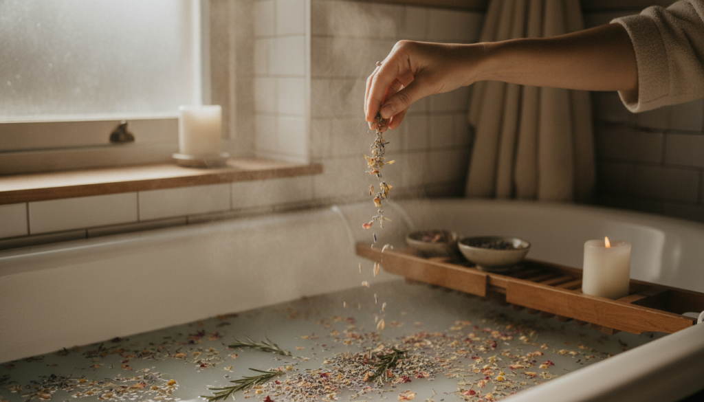 A person s hands gently adding dried herbs and flower petals into a warm bath with steam rising The setting is calming a