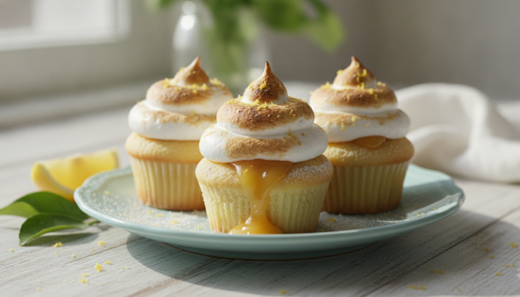 Light and airy lemon cupcakes with a gooey lemon curd center topped with toasted meringue frosting and a sprinkle of lem