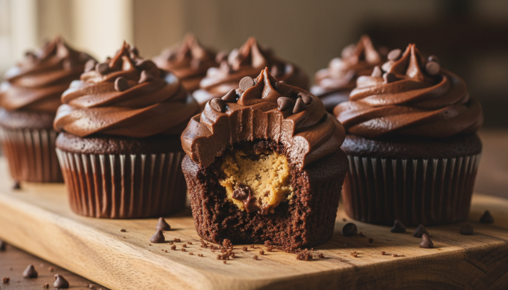 Chocolate cupcakes with a gooey chocolate chip cookie dough ball hidden inside topped with chocolate frosting and mini c
