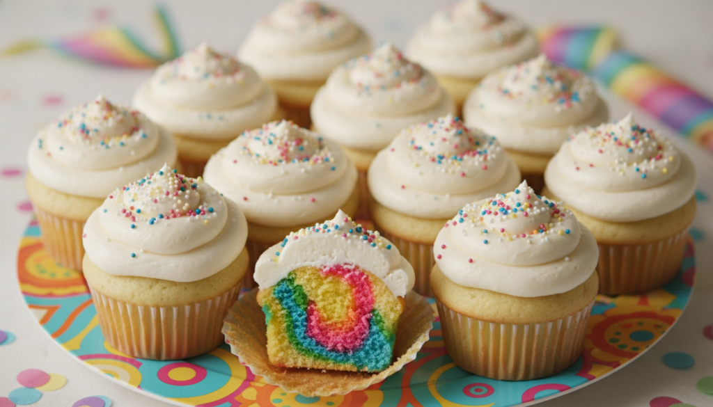 Brightly colored vanilla cupcakes with rainbow swirled batter inside topped with white frosting and rainbow sprinkles ar