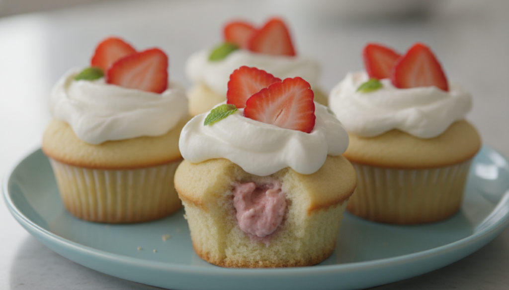 Moist vanilla cupcakes with a creamy strawberry cheesecake filling baked inside topped with whipped cream and fresh stra