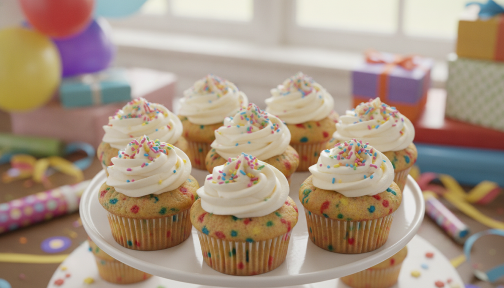 Bright and festive funfetti cupcakes with colorful sprinkles baked throughout topped with white frosting and more rainbo