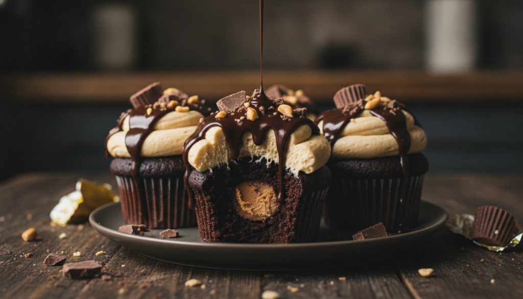 Rich chocolate cupcakes with a mini peanut butter cup baked into the center topped with creamy peanut butter frosting an