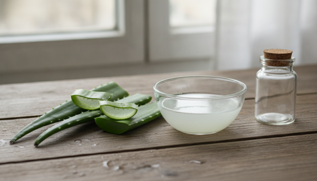 Ingredients for homemade aloe vera hair oil including fresh aloe vera leaves coconut oil and a small glass jar