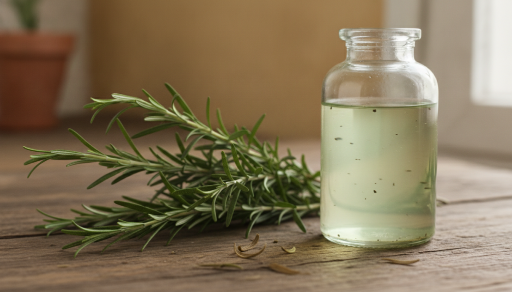 Fresh rosemary sprigs a glass bottle of rosemary water and possibly some dried rosemary leaves arranged in a natural bri