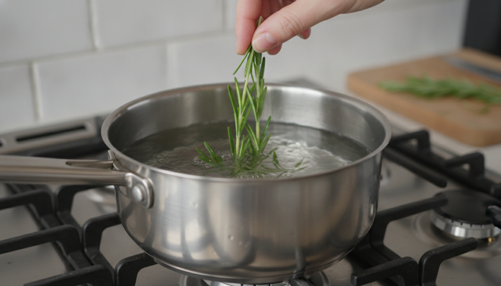Fresh rosemary sprigs being added to a saucepan with water on a stove
