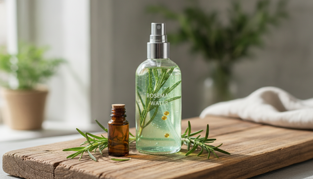 A clear spray bottle filled with homemade rosemary water fresh rosemary sprigs and a few drops of essential oil on a nat
