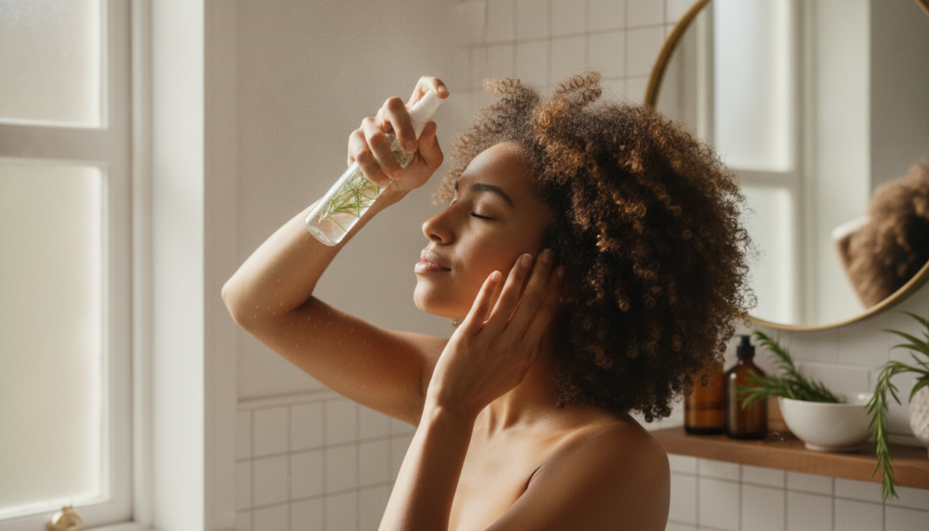 A person gently massaging rosemary water into their scalp using a spray bottle