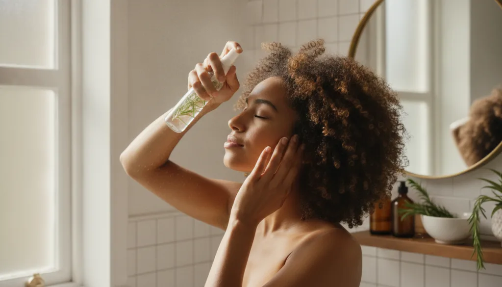 A person gently massaging rosemary water into their scalp using a spray bottle