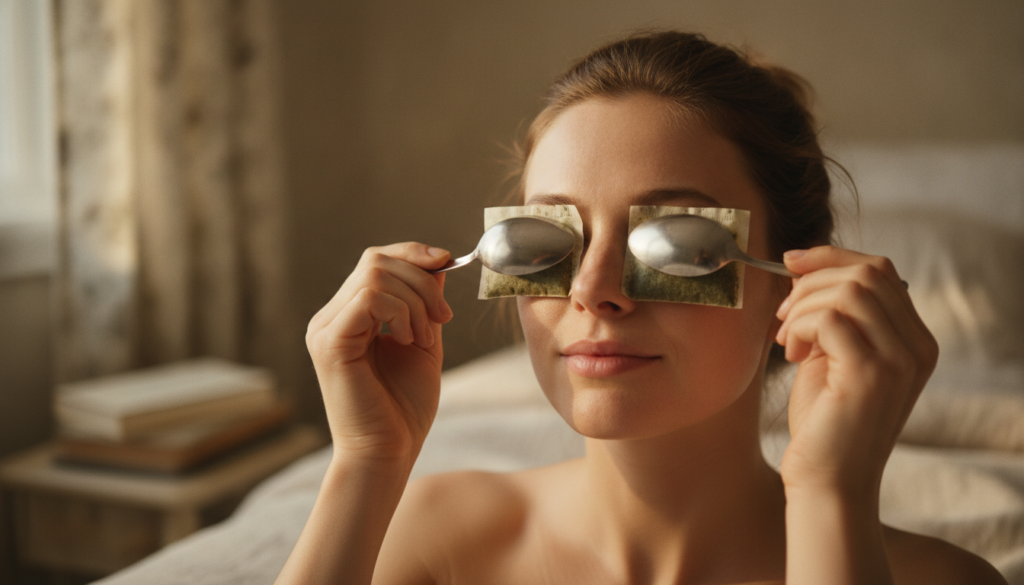 A close-up of a woman gently pressing chilled green tea bags onto her closed eyes with two silver spoons resting on top
