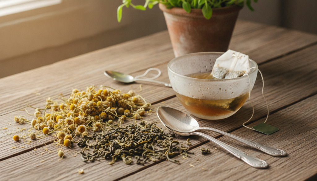 A variety of dried herbs like chamomile flowers and green tea leaves alongside a small bowl of brewed and chilled tea ba