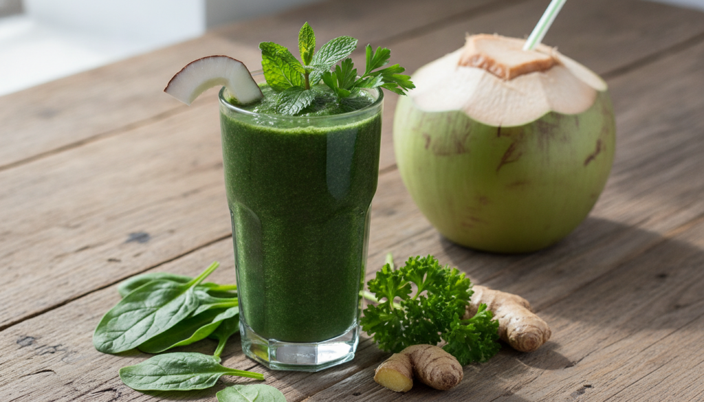 A vibrant green smoothie or drink in a clear glass garnished with fresh herbs and a slice of coconut placed on a rustic