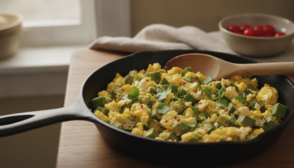 A beautiful healthy dish of cooked okra and eggs in a rustic skillet ready to be served garnished with fresh herbs