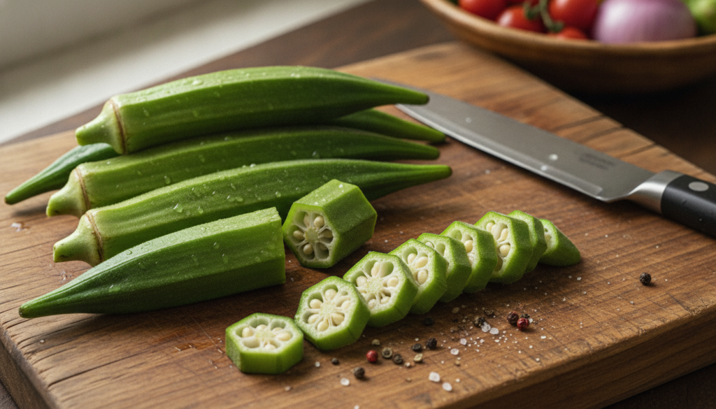 A vibrant close-up shot of fresh green okra pods some whole and some sliced on a wooden cutting board with a knife