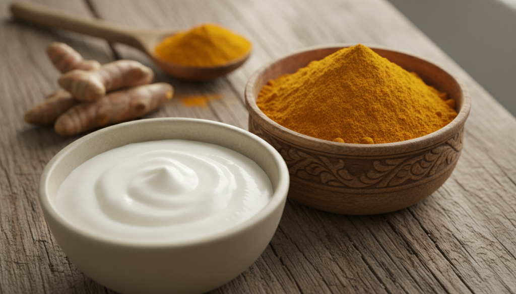 Close-up of a bowl of vibrant yellow turmeric powder next to a small bowl of plain white yogurt with fresh turmeric root