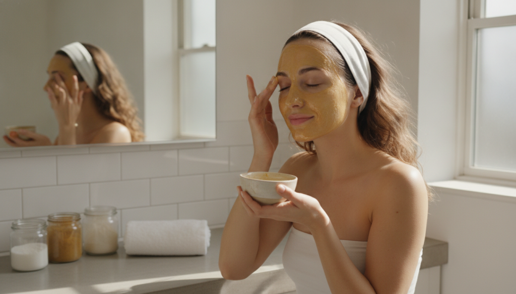 A woman gently applying a natural face mask to her T-zone in a bright bathroom with a soft clean towel nearby