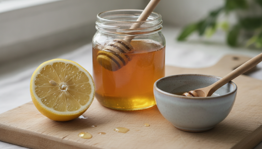 A close-up of a fresh lemon cut in half next to a jar of golden honey with a small bowl and mixing spoon suggesting natu