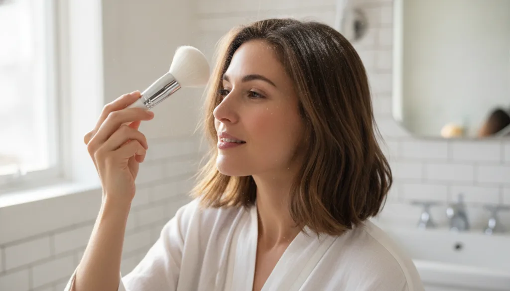 A woman lightly dusting cornstarch onto her hair roots with a makeup brush showing a quick and natural dry shampoo appli