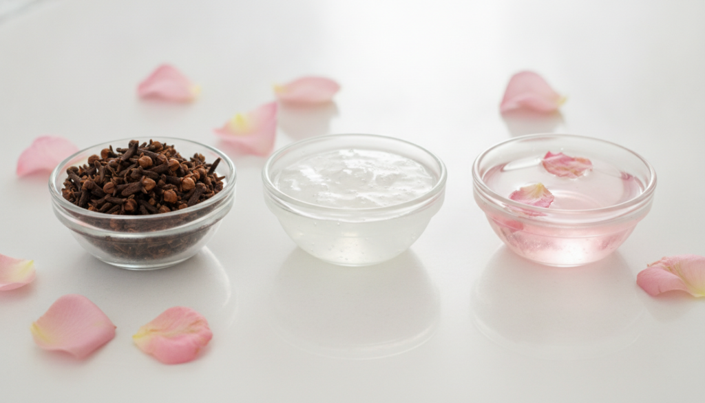 Individual clear glass bowls containing fresh cloves clear aloe vera gel and pink rose water arranged neatly on a light