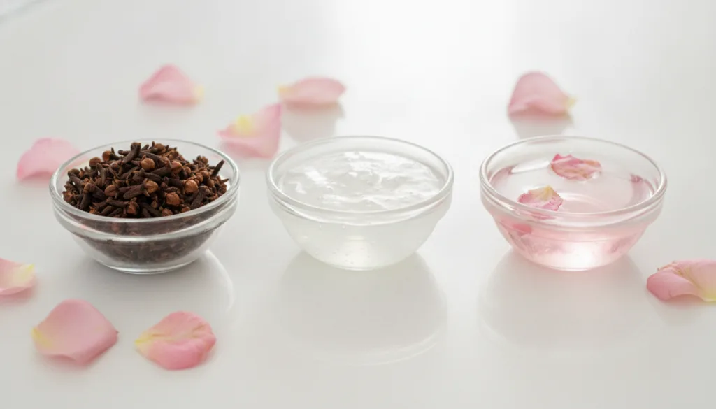 Individual clear glass bowls containing fresh cloves clear aloe vera gel and pink rose water arranged neatly on a light 
