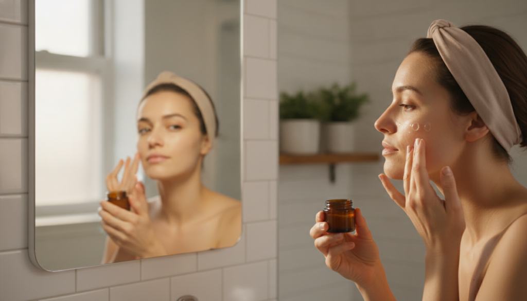 A woman gently applying a small amount of the homemade gel to her clean face looking in a mirror with soft natural light