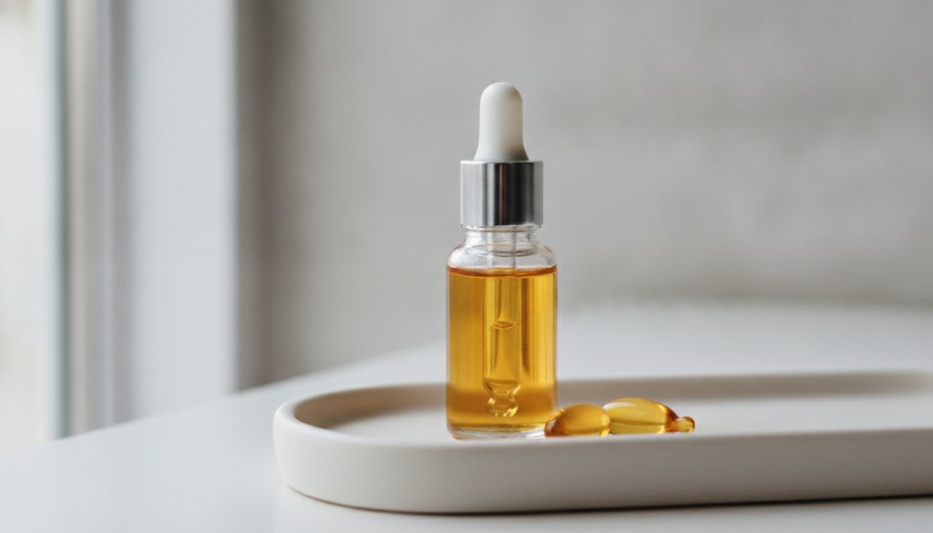 A small glass dropper bottle filled with a golden oil blend with a few Vitamin E capsules next to it on a clean light-co