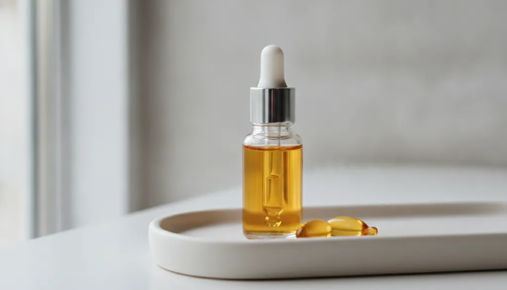 A small glass dropper bottle filled with a golden oil blend with a few Vitamin E capsules next to it on a clean light-co