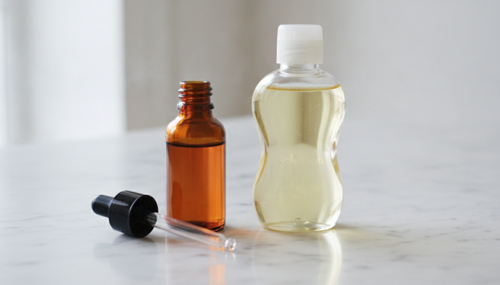 A small glass bottle of rosehip oil next to a bottle of baby oil with a dropper on a textured white surface suggesting a