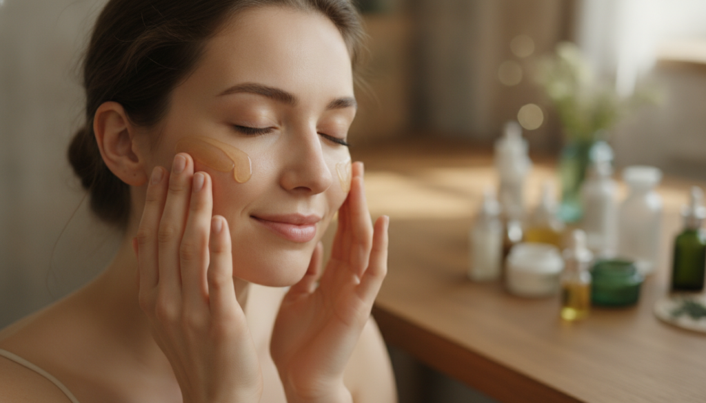 A woman gently applying a homemade oil blend to her face with a soft natural glow Her hands are delicately touching her 