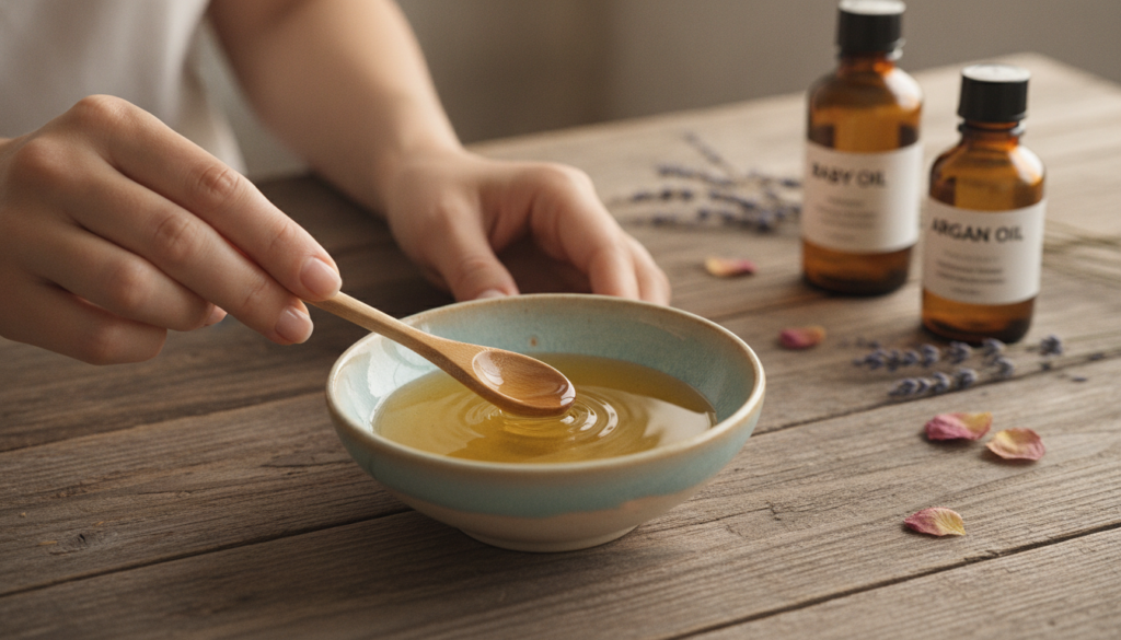 A woman s hands mixing oils in a small bowl with bottles of baby oil and argan oil visible in the background on a rustic