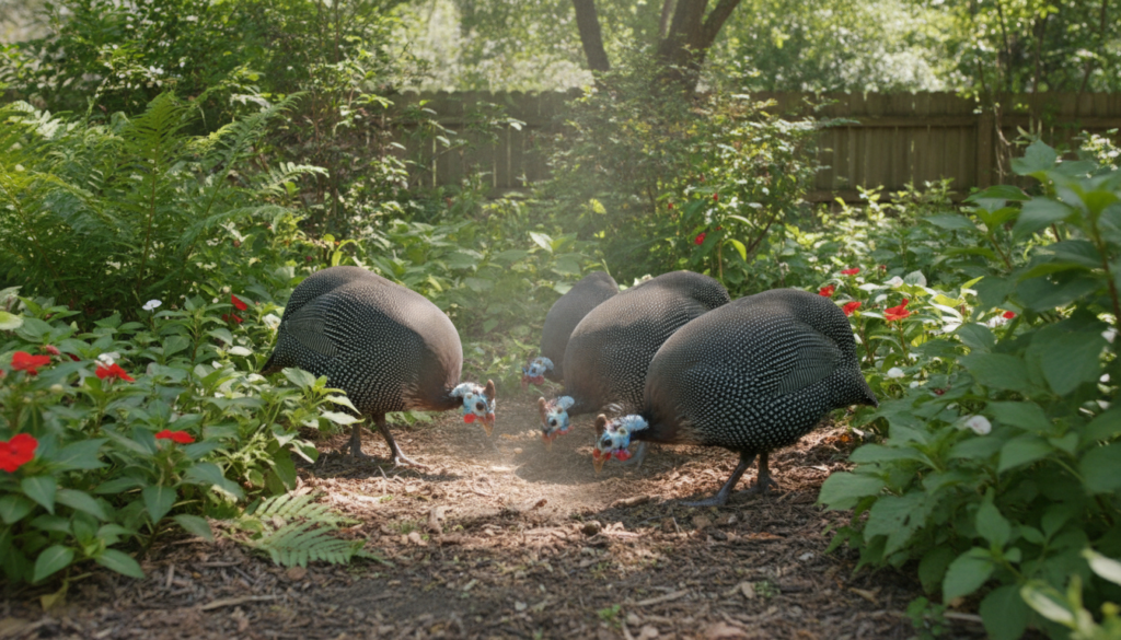 A group of speckled guinea fowl foraging in a lush green garden bed diligently searching for insects among the plants