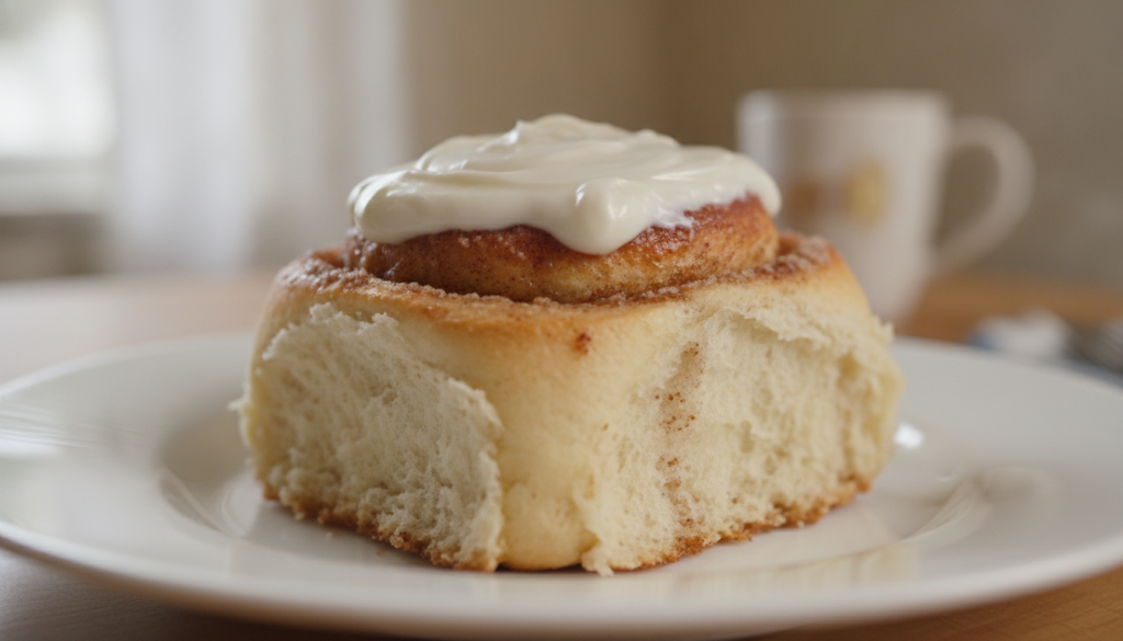 A close-up of a perfectly baked and frosted Copycat Cinnabon cinnamon roll with visible layers of cinnamon swirl and thi