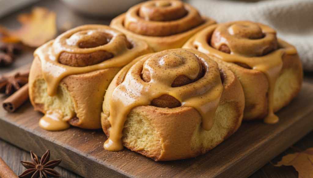 Pumpkin spice cinnamon rolls with a thick pumpkin-spiced cream cheese frosting garnished with a sprinkle of cinnamon ser