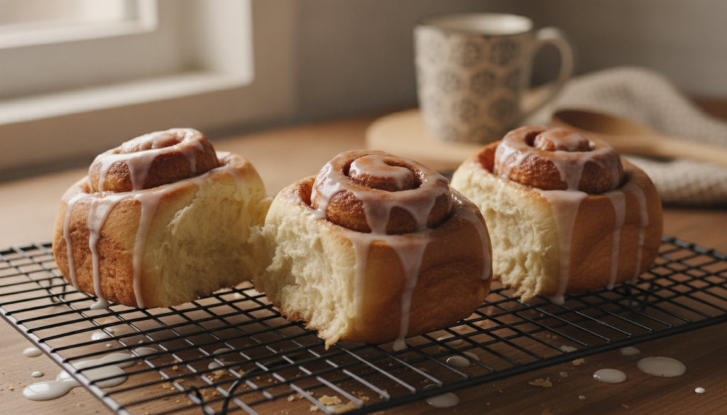 Fluffy golden brown cinnamon rolls with a quick glaze cooling on a wire rack steam gently rising