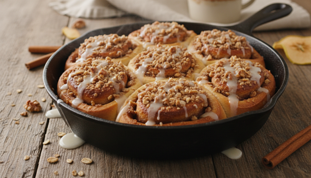 Warm apple cinnamon rolls topped with a crunchy streusel and a light glaze served in a cast iron skillet