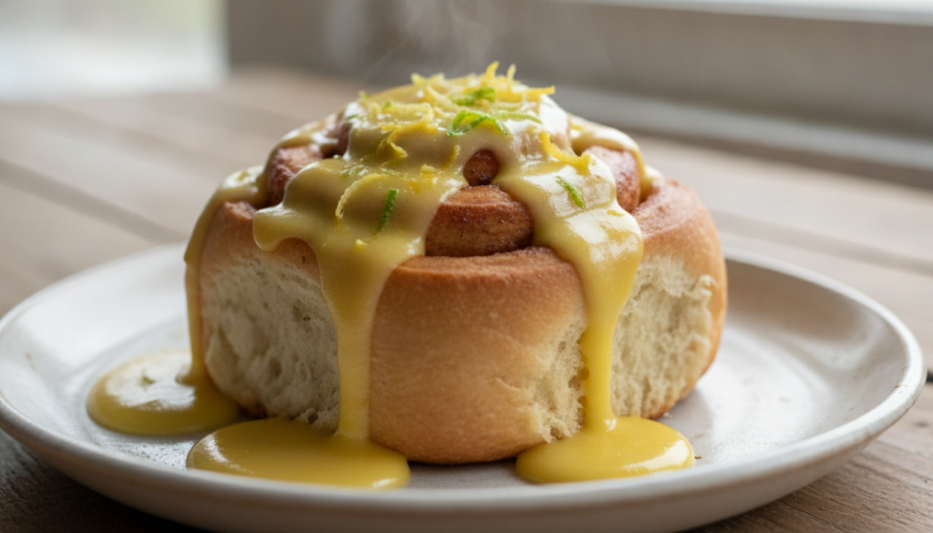 A close-up of a plain unfrosted cinnamon roll drizzled with a bright tangy lemon cream cheese glaze garnished with lemon