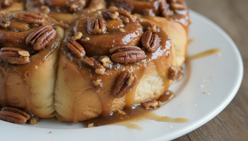Upside-down baked maple pecan sticky buns glistening with a caramel-like sauce and studded with pecans served on a servi