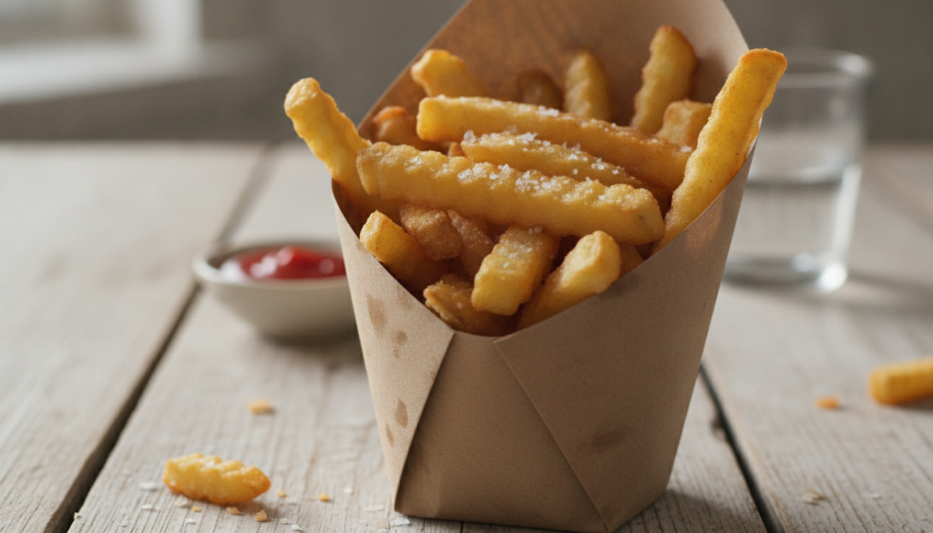 A pile of golden-brown perfectly crispy French fries seasoned with salt served in a rustic paper cone or a small basket 