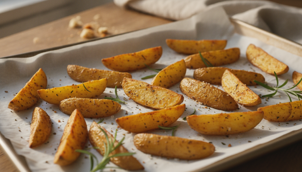 Crispy golden-brown spiced potato wedges arranged on a baking sheet with herbs like rosemary fresh out of the oven A sma