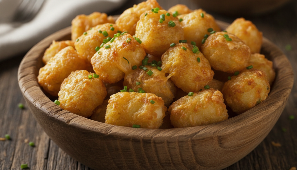 A bowl of golden-brown cheesy potato tots perfectly crisp on the outside and fluffy inside with visible melted cheese Se