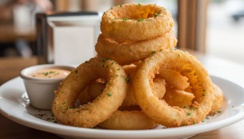 A stack of golden-brown perfectly crispy onion rings on a small plate garnished with fresh parsley A dipping sauce in a 
