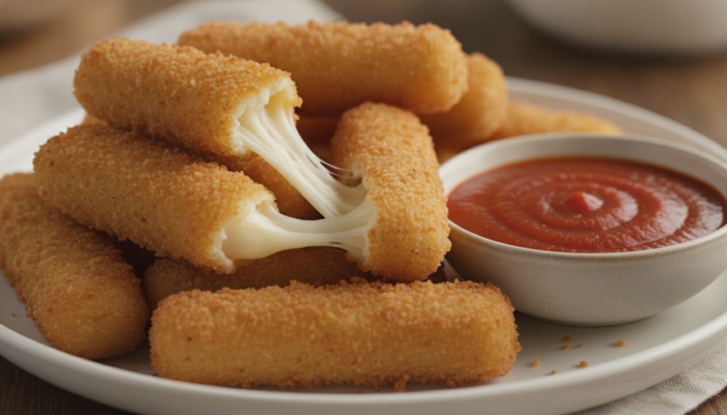 Golden-brown crispy cheese sticks oozing with melted mozzarella neatly arranged on a plate with a side of marinara sauce