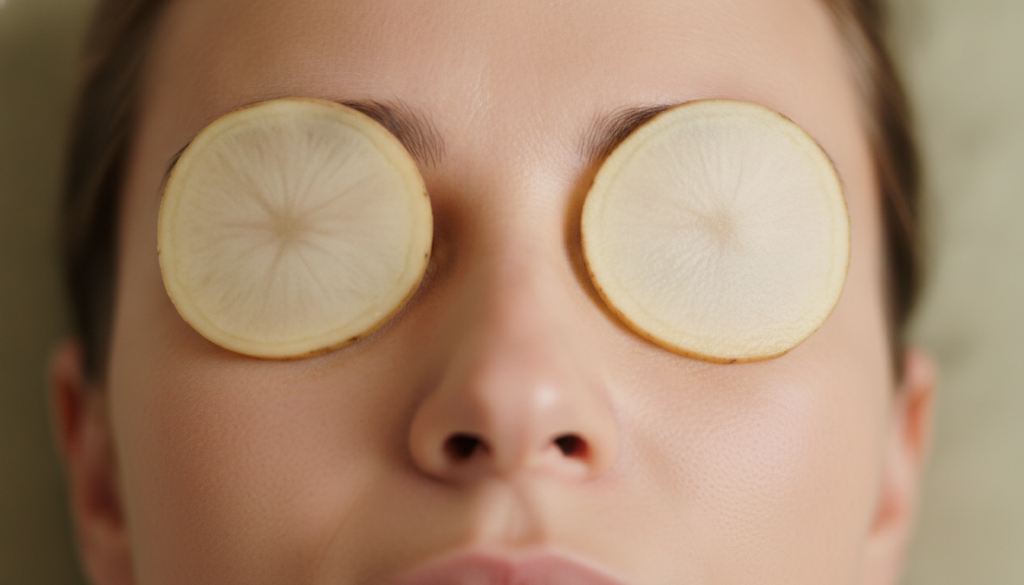 Close-up of a person s eye area with potato slices gently placed over the closed eyelids demonstrating the application m
