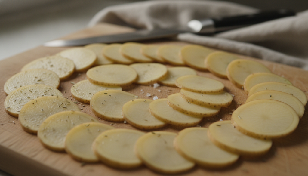 Thin slices of raw potato on a cutting board ready for use as an eye remedy