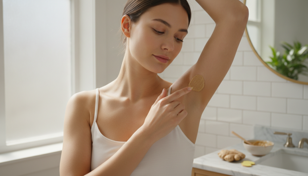 A woman gently applying a light brown paste to her underarm with a small bowl of the paste visible
