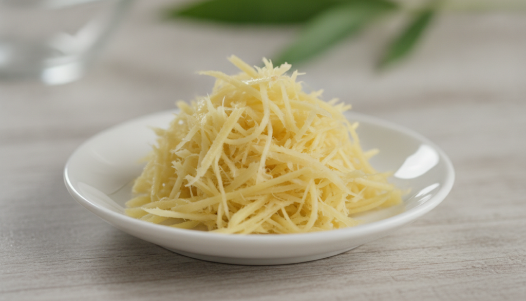Close up of fresh ginger root peeled and grated ready to be mixed into a paste