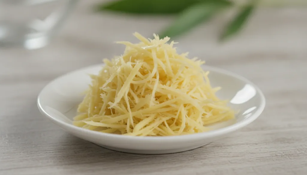 Close up of fresh ginger root peeled and grated ready to be mixed into a paste
